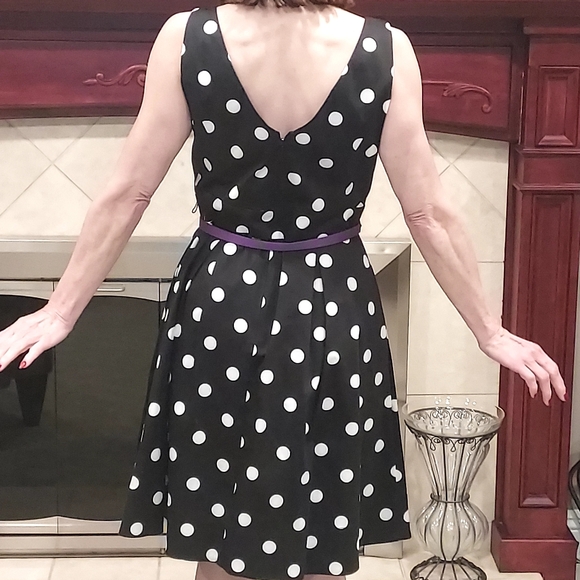 Polka Dot Black Dress with Purple Belt - Picture 10 of 12